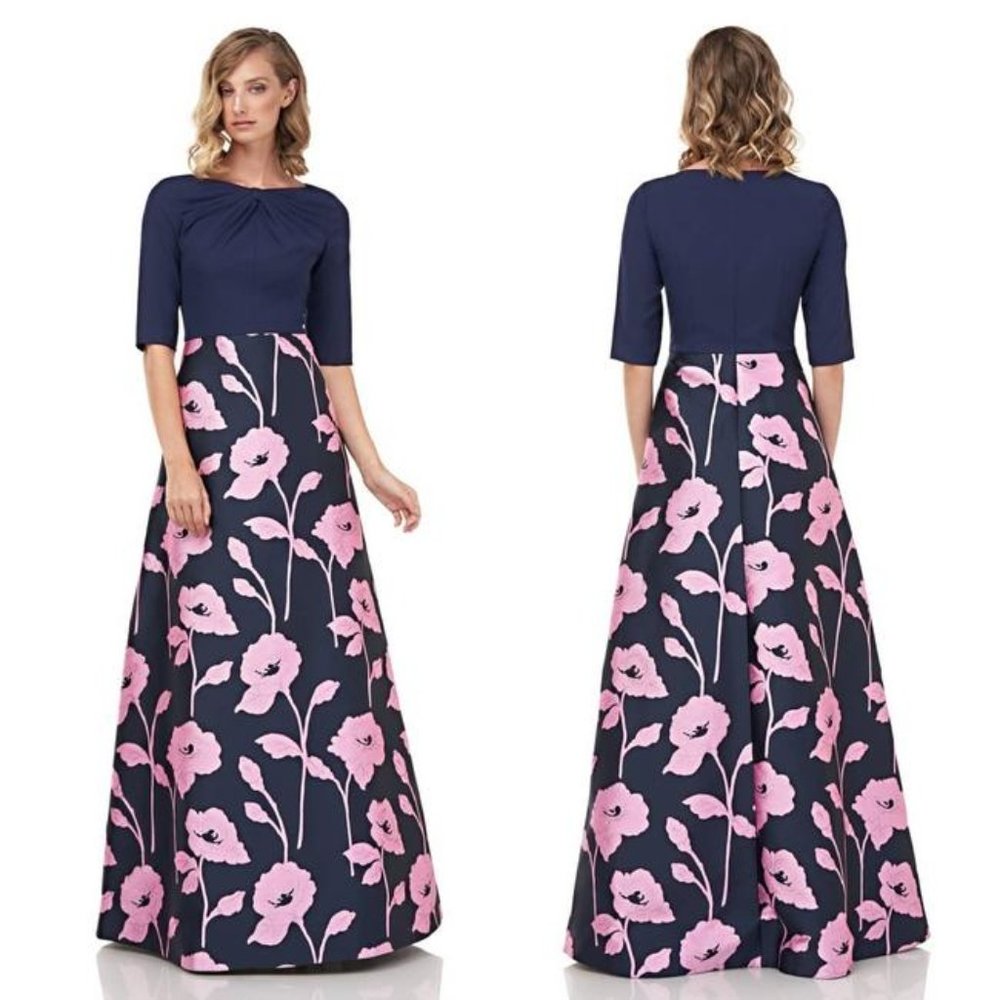 Kay Unger Jersey Bodice Floral Brocade Jewel Neck Short Sleeve Ball Gown